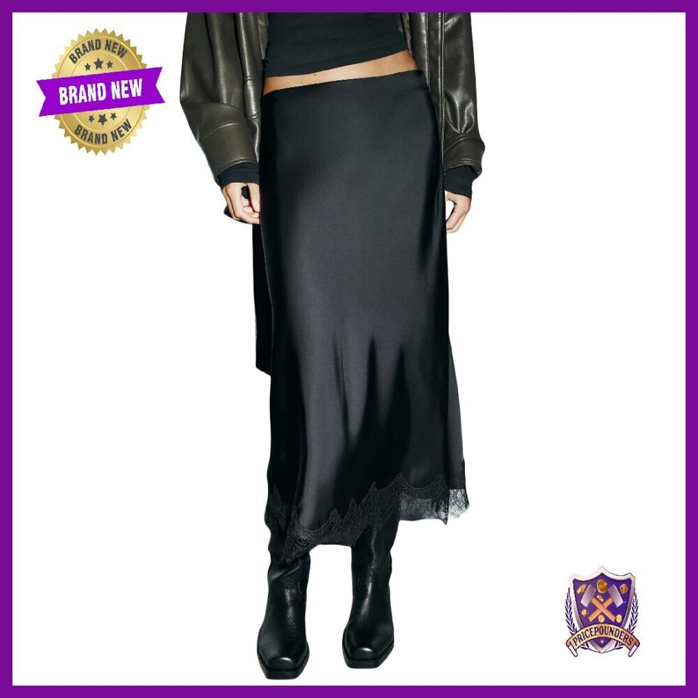 Satin Lace Trim Midi Skirt Elastic Waist Y2K Half Slip Maxi